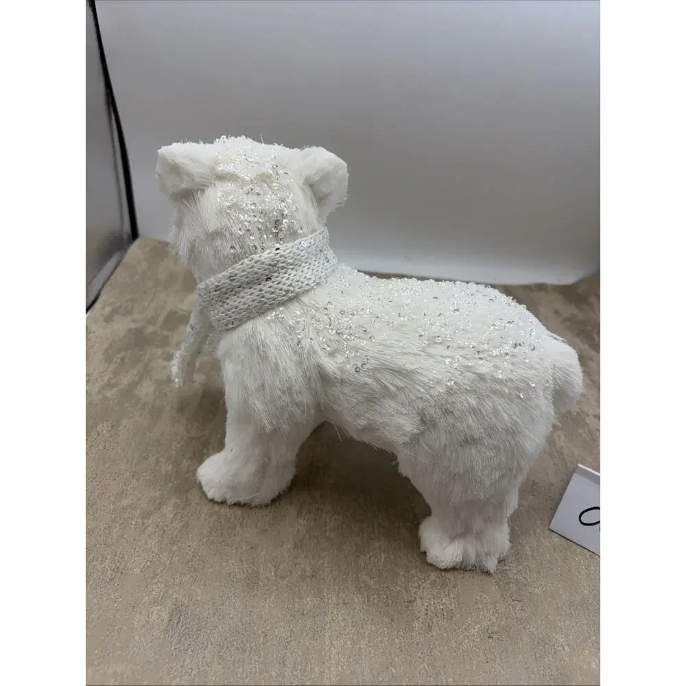 Vintage faux fur over paper mache Christmas white Polar Bear Silver Accents